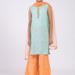 KASYA Girls Floral Printed Regular Pure Silk Kurta with Sharara & With Dupatta-picture-3