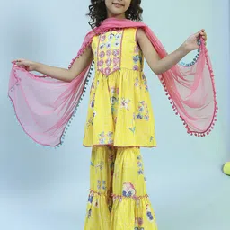 Biba Girls Floral Sequinned Embroidered A-Line Pure Cotton Kurta With Sharara & Dupatta-image-85