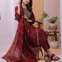 KALINI Yoke Design Sequinned Straight Kurta With Trousers And Dupatta-5