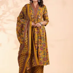 Merira Women Floral Printed Regular Pure Cotton A-Line Kurta with Trousers & Dupatta-picture-14