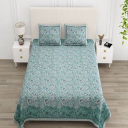 tundwal's Teal & White Floral Printed 210 TC Cotton King Bedsheet Set 2.2 m x 2.74 m-image-75