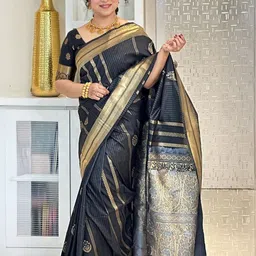 SWAMI STUDIO Ethnic Motifs Zari Pure Silk Banarasi Saree-image-18