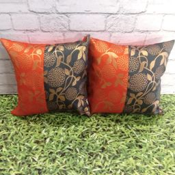 Pink Parrot Orange & Grey 2 Pieces Ethnic Motifs Jacquard Silk Square Cushion Covers-image-19