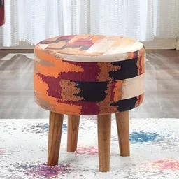 Homeaccex Beige & Red Zig-Zag Printed Wooden Round Ottoman-6