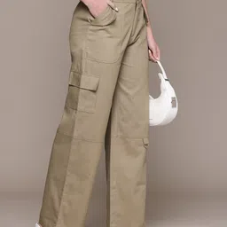 Popnetic Women High-Rise Pure Cotton Twill Weave Cargo-Style Wide Leg Trousers-picture-18