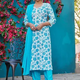 VIBE VISION Floral Printed V-Neck Straight Kurta with Trousers & Dupatta-22