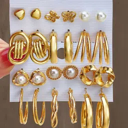 GOLDIWALA Set of 24 Gold-Plated Contemporary Shaped Pearls Hoop Earrings-47