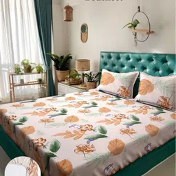 Arrabi Cream & Red Floral Printed Fitted 310 TC King Bedsheet Set 2.70 m x 2.60 m-image-68