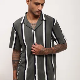 SHOWOFF Men Comfort Relaxed Fit Cuban Collar Vertical Striped Cotton Casual Shirt-image-111