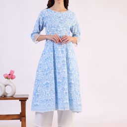 W Floral Printed Thread Work Pure Cotton A-Line Kurta with Trouser-image-16