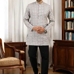 TATTVA Men Geometric Printed Thread Work Kurta-19