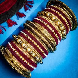 RIJOLI Women Set of 42 Gold Maroon Pearl bangle set-16