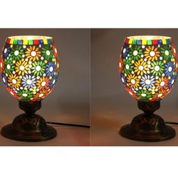 SOMIL Set of 2 Multicoloured Printed Glass Cylindrical Shaped Table Lamp-image-15