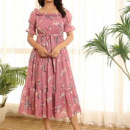 NOUN Women Floral Print Tiered Off-Shoulder Fit & Flare Midi Dress-image-6