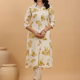 KALINI Floral Printed Shirt Collar Pure Cotton A-Line Kurta With Trousers-picture-37