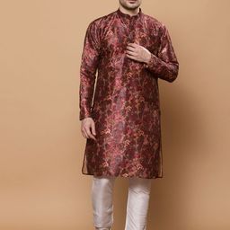 KOMPANION Floral Printed Thread Work Band Collar Straight Kurta-image-13