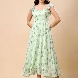 T TRYON ULTIMATE Tropical Print Georgette Sweetheart Neck Fit & Flare Maxi Dress-image-51