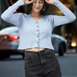 CORSICA CORSICA Women Light Blue Solid V-Neck Cotton Ribbed Fitted Crop Top-picture-44