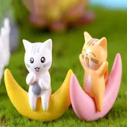 ANTIQ CREATION 2 Pieces White & Yellow Cute Romantic Moon Cat Showpiece-4