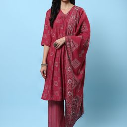 Shree Geometric Printed Regular Liva A-Line Kurta With Trousers & Dupatta-image-10