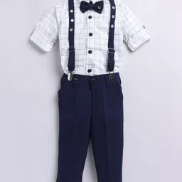 LITTLE COLLARS Boys 4 Pcs Checked Shirt & Trouser Set with Suspender & Bow-picture-14