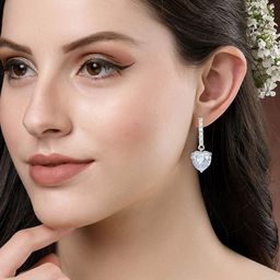 PRIVIU Silver-Plated American Diamond Studded Heart Shaped Drop Earrings-image-43