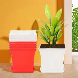 Kuber Industries 10-Pcs White & Red Premium Flower Pots for Garden withBottomPlates-25