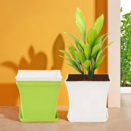 Kuber Industries 4-Pcs Green & White Premium Flower Pots for Garden withBottomPlates-2