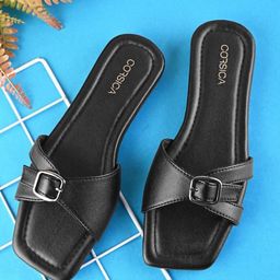 CORSICA Women Solid Regular Square Toe Open Toe Flats with Buckles-3