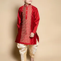 NFC CREATION Boys Ethnic Motifs Embroidered Regular Thread Work Dupion Silk Kurta with Patiala-9