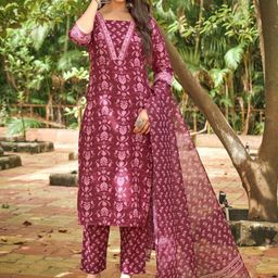 NAINVISH Floral Printed Kurta with Trouser & Dupatta-image-88