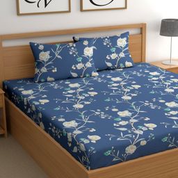 CG HOMES Blue & Off White Floral 210 TC King Bedsheet with 2 Pillow Covers-image-72
