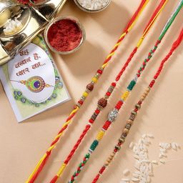 Anouk Set Of 4 Artificial Stones Studded & Beaded Thread Rakhis With Roli Chawal-3