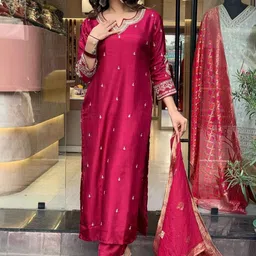 KALINI Ethnic Motifs Zari Embroidered Notch-Neck Straight Kurta With Trouser & Dupatta-45