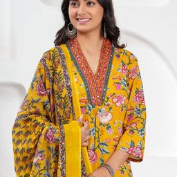 ETHNIC VILLAA Floral Printed Pure Cotton A-Line Kurta With Palazzos & Dupatta-19