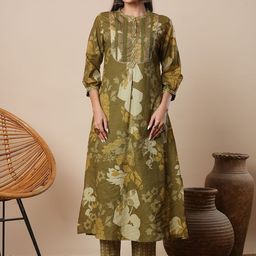 FASHOR Floral Printed Thread Work Mandarin Collar Pure Cotton Kurta With Trousers-image-85