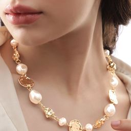 Rubans Voguish Gold Plated Pearl & Charm Dangle Link Necklace-41