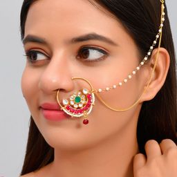 Silvermerc Designs Gold-Plated White & Green Kundan-Studded & Pearls Beaded Nose Ring-picture-1