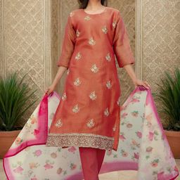 Skylee Pop Floral Embroidered Thread Work Straight Kurta With Trousers & Dupatta-image-9