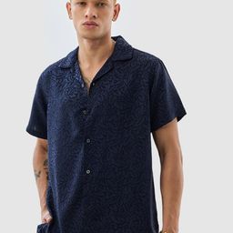 Snitch Men Navy Textured Box Fit Printed Casual Shirt-image-33