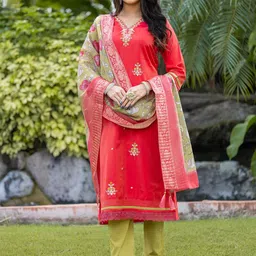 MITTOO Floral Embroidered Straight Kurta with Trousers & Dupatta-picture-1