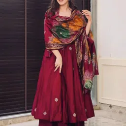 KALINI Women Chanderi Silk with Lining Embroidered Flared Kurta with Pant And Dupatta Sets-picture-55