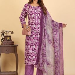 Larqi Floral Printed Round Neck Pure Cotton Straight Kurta & Trousers With Dupatta-image-43