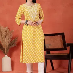 Sangria Floral Printed Thread Work Notch Neck Pure Cotton Straight Kurta-image-98