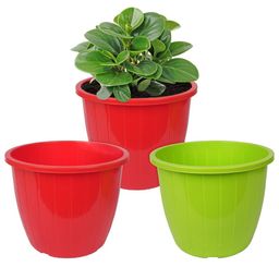Kuber Industries 3-Pcs Red & Green Plastic Flower Pots Planters-15