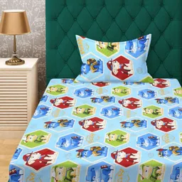 Myntra Elegant Homes Blue & Green Cartoon Characters 400 TC Single Bedsheet with 1 Pillow Covers-picture-40