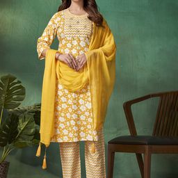 AMRUTVARSHA CREATION Floral Printed Round Neck Pure Cotton Kurta With Trousers & Dupatta-46