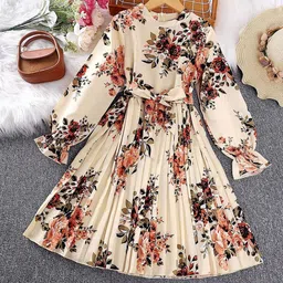 White World Girls Floral Print Bishop Sleeve Fit & Flare Midi Dress-image-85