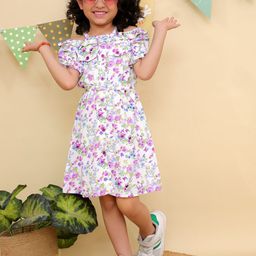 JUNITOS Girl Floral Print Ruffles Cold-Shoulder Shirt Dress-picture-46