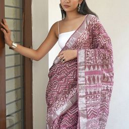TEEJH Floral Zari Linen Block Print Saree image 5